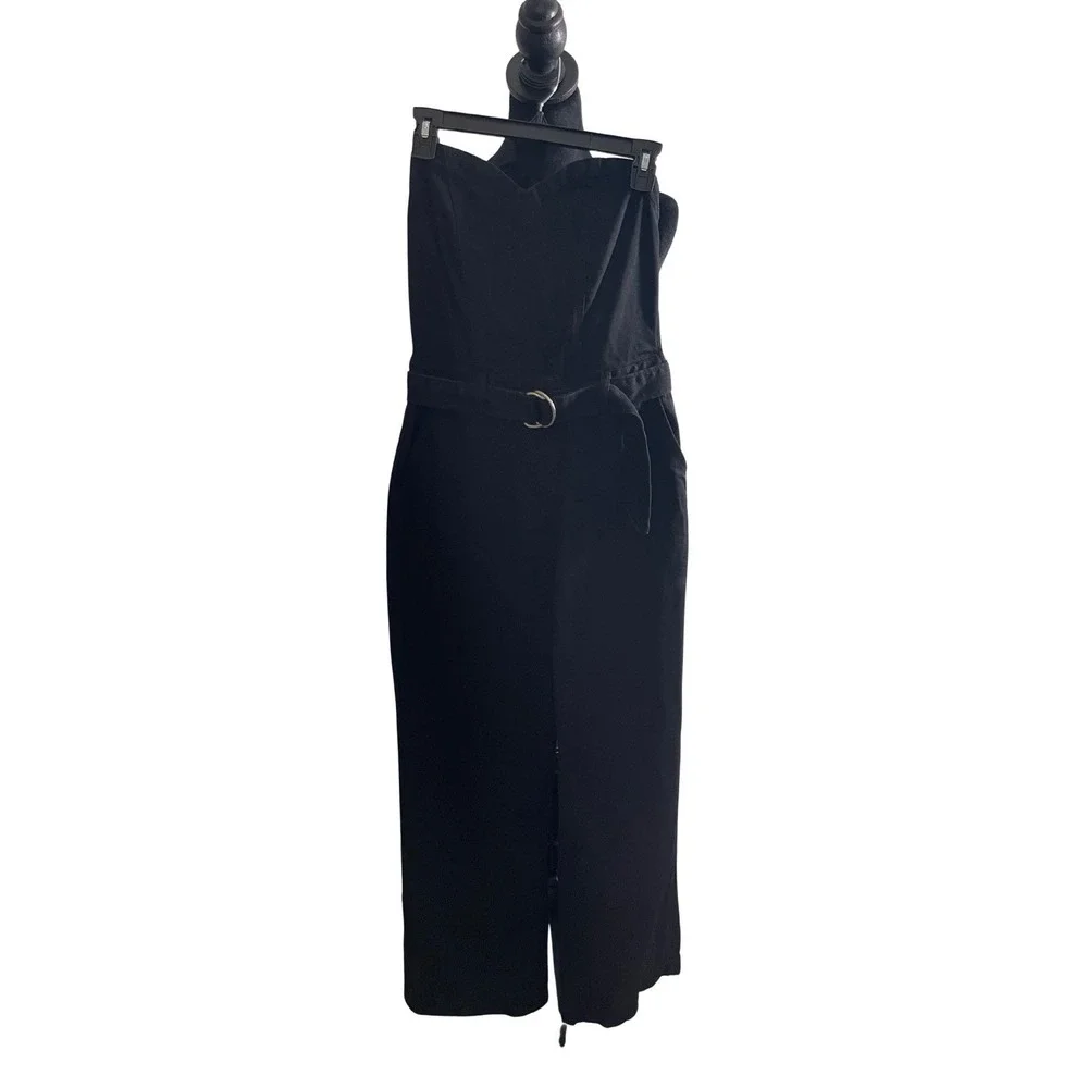 Nasty Gal Black Denim Strapless Sweetheart Wide Leg Jumpsuit with Belt Size 8 - Picture 2 of 7